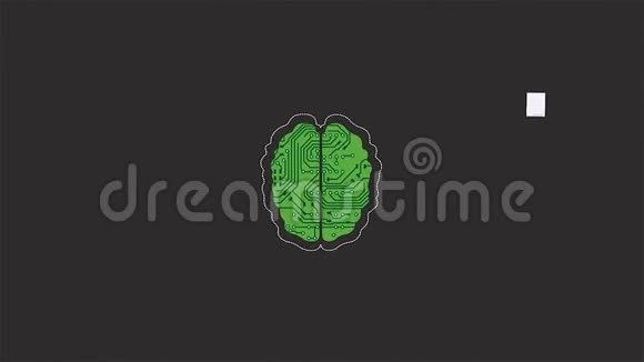 卡通动画的大脑作为微芯片接收信号波在灰色背景脑头连接数字线路视频的预览图
