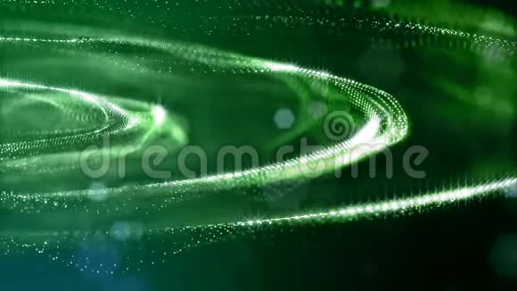 带有辉光绿色粒子的三维动画形成抽象的形式和结构无缝环科幻背景视频的预览图