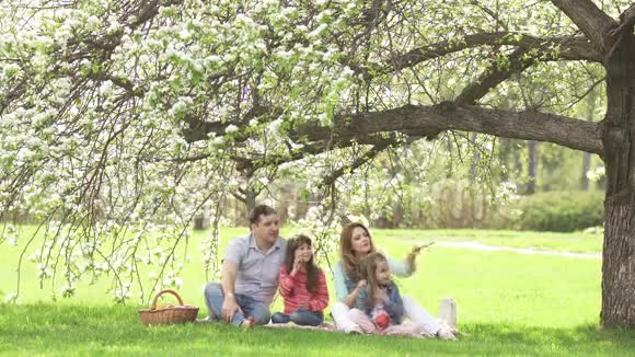 幸福的家庭花时间在盛开的苹果树附近野餐爸爸妈妈和两个女儿把时间花在户外视频的预览图