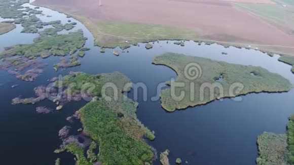 从无人驾驶飞机上看到的湖和陆地视频的预览图