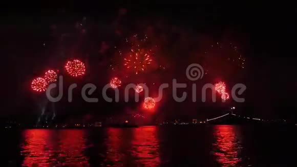 夜间海上烟火庆祝周年纪念日视频的预览图