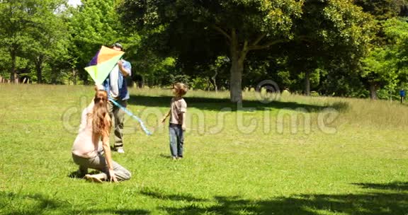 小男孩和父母在公园里放风筝视频的预览图