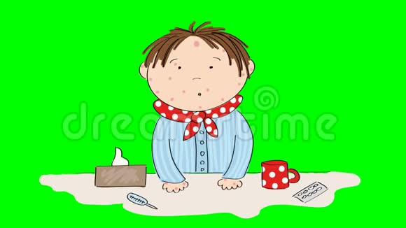 患有水痘麻疹风疹或皮疹的患病男孩站在桌子后面拿着茶药体温计和手帕视频的预览图
