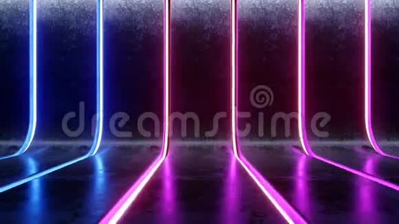 未来主义科幻现代空间空技术概念深混凝土曲线墙与蓝色和紫色发光霓虹灯视频的预览图