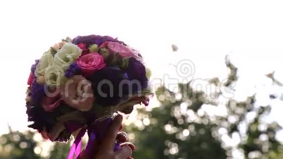 阳光下的新娘花束日落时新娘手中的婚礼花束阳光下有一束花的女孩视频的预览图