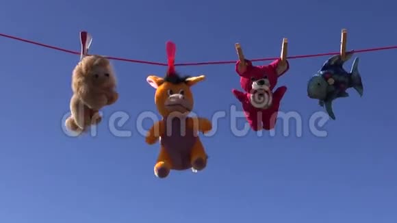 衣服线绳和天空上五颜六色的美丽柔软的动物玩具视频的预览图