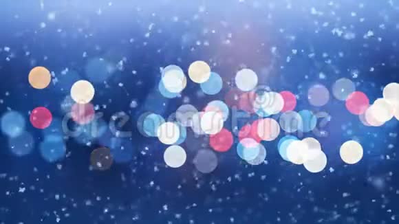 美丽的降雪侧风吹无缝的城市灯光闪烁的背景慢动作循环三维动画视频的预览图