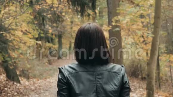 在秋天公园散步的年轻美丽的女人秋天在森林里散步的女孩的生活方式概念视频的预览图