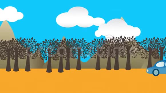 一辆有树木和山的汽车的动画视频的预览图
