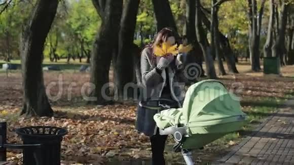 年轻的母亲带着婴儿车散步在公园里坐马车视频的预览图