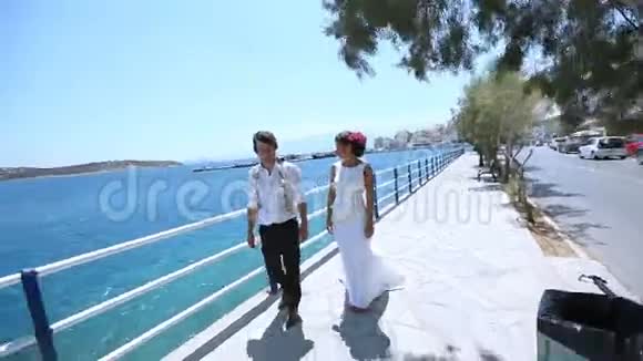 新婚夫妇在大海背景下的合影视频的预览图