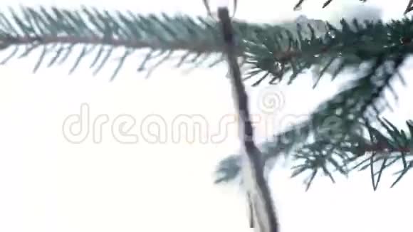 冬天的圣诞树上挂着雪花状的漂亮木制玩具视频的预览图