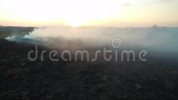 日落时烧田大规模火灾俯视图照相机飞过浓烟一身烟视频的预览图