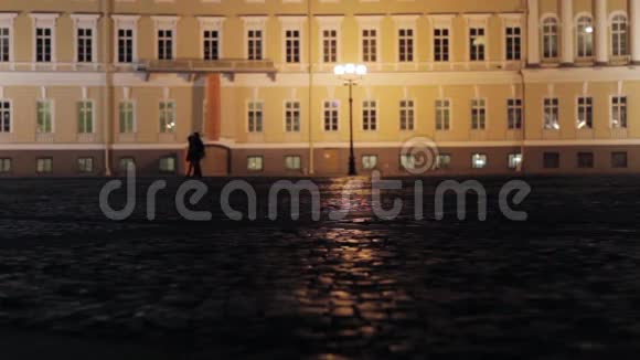 夜晚在圣彼得堡的皇宫广场观景夫妻的剪影视频的预览图