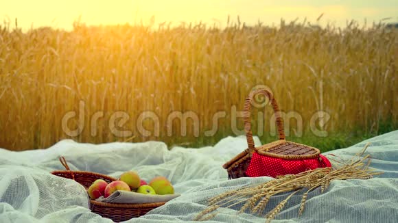 用手工柳条篮子组成苹果和小麦的枝条放在布上放在麦田里4k视频的预览图