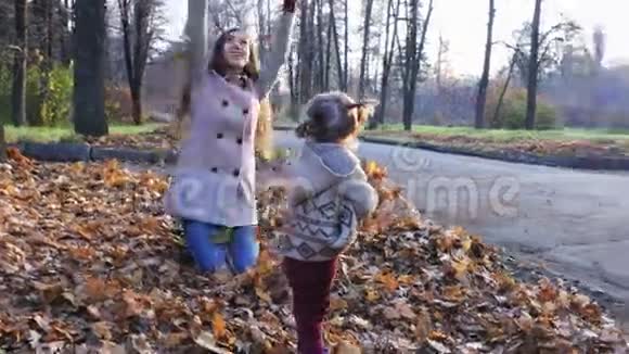 妈妈带着宝宝在户外玩树叶秋林公园视频的预览图