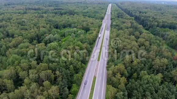 视频无人驾驶飞机在通往波兰北部的路上的森林道路上的鸟瞰图视频的预览图