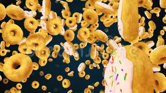 许多飞行釉甜甜圈现代明亮的背景3D渲染背景计算机生成视频的预览图