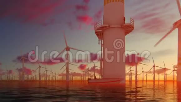 海上风车与技术船对抗美丽的日落视频的预览图