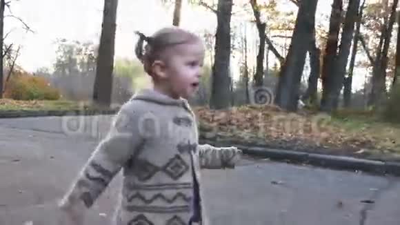 妈妈带着宝宝在户外玩树叶秋林公园视频的预览图