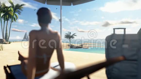 带着手提箱和游艇航行的海滩上的女人相机淘盘股票录像视频的预览图