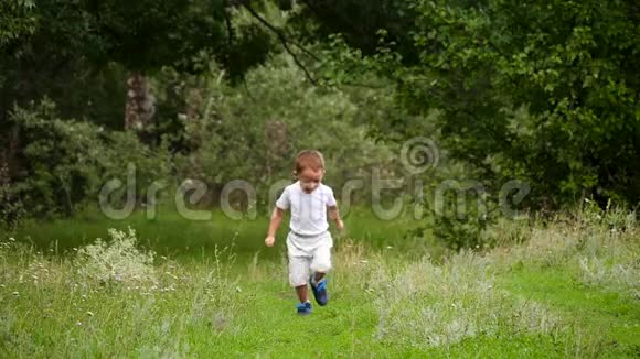 一个孩子在公园的草地上慢动作地奔跑视频的预览图
