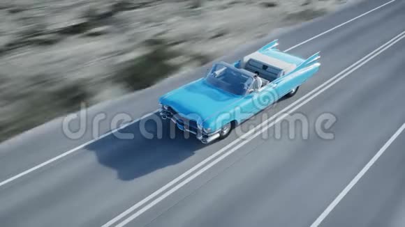 蓝色复古复古车上路高速公路日光开得很快现实的4k动画视频的预览图