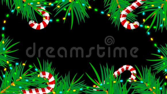 圣诞节边界与绿色冷杉树枝闪亮的花环糖果三维渲染背景计算机生成视频的预览图