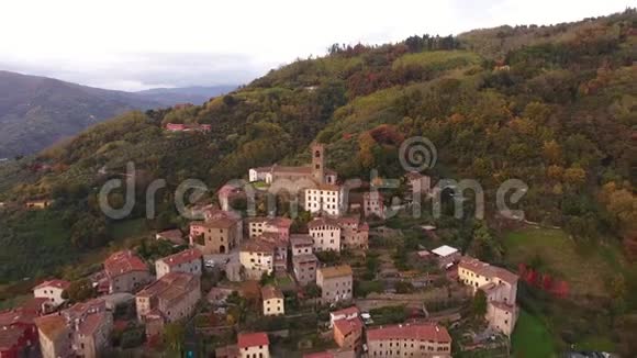 空中拍摄华丽的小村庄上山天桥中间落色视频的预览图
