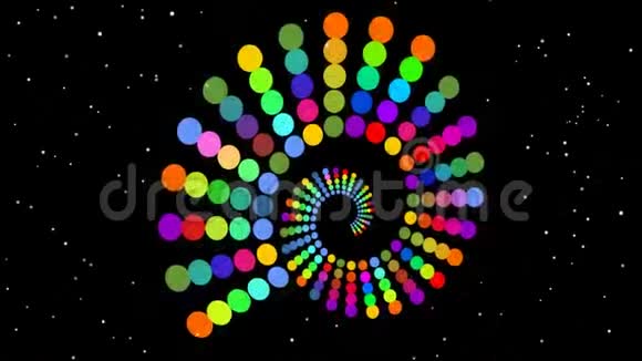 彩色彩虹螺旋黑色背景上的多色隧道有小闪烁的星星和红色像素点视频的预览图