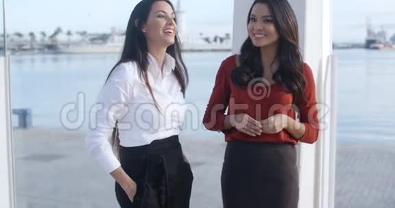 两个潇洒的年轻女子站着聊天视频的预览图