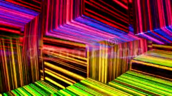 抽象彩色立方体移动缓慢无缝循环动画黑色三维立体图形有许多狭窄的霓虹灯线视频的预览图