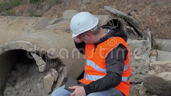 有手机的工程师在破碎的混凝土管道视频的预览图