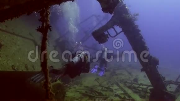 潜水员在红海的珊瑚礁阿布努哈斯水下沉船附近视频的预览图