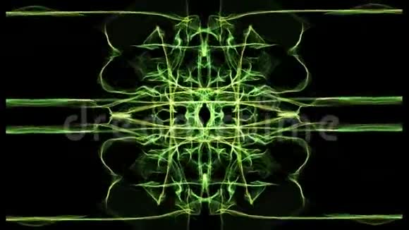 旋转中的绿色和黄色分形图案黑色区域的抽象片段无缝视频视频的预览图