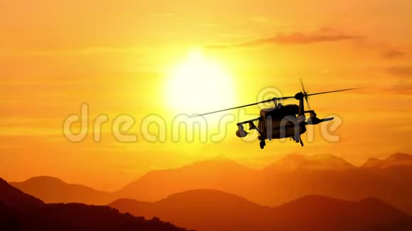 军用直升机飞向日落三维动画循环视频的预览图