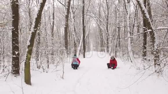 快乐的一家人在公园里打雪仗视频的预览图