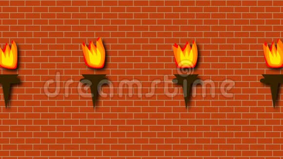 砖墙与燃烧明亮的火炬卡通风格三维渲染背景计算机生成视频的预览图