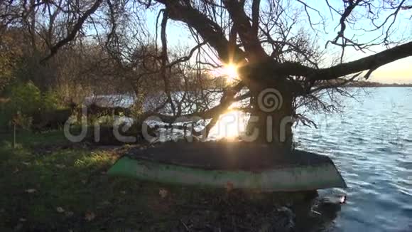 湖边日落有古老的船和树视频的预览图