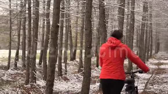 活泼的女孩和她的狗骑自行车冬天树林里的女人在落叶松之间视频的预览图