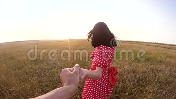 跟我来美丽的肖像黑发女孩与一个男人携手在自然领域浪漫爱情慢速视频视频的预览图