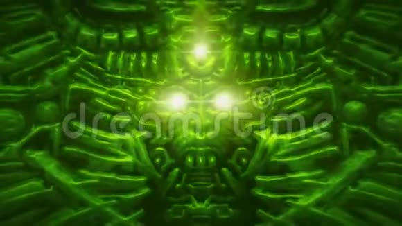电脑怪物有浮雕和突出的机器人头明亮的激光束和闪光视频的预览图