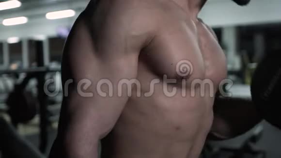 男性健美运动员用哑铃锻炼身体做二头肌锻炼视频的预览图