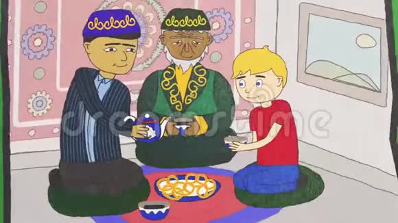 卡通动画与不同民族和宗教的人喝茶宽容的概念抽象的人视频的预览图