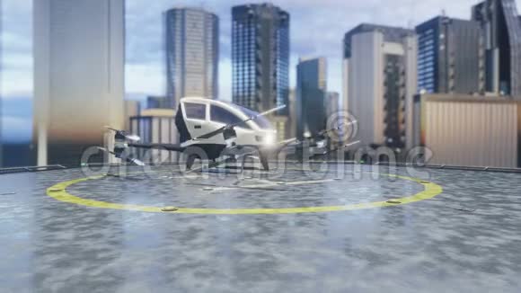 无人驾驶的乘客无人机为客户的呼叫离开未来无人机出租车的概念3D视频的预览图