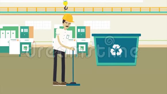丰富多彩的卡通动画与垃圾回收工厂生态和环境的概念戴黄色头盔的工人视频的预览图