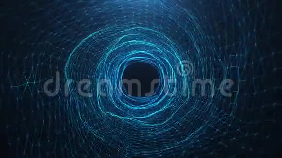 抽象运动数字虫洞隧道由蓝色闪闪发光的粒子和线条组成通过数字网络视频的预览图
