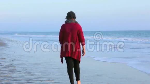 日落时分沿着海滩散步的女人视频的预览图