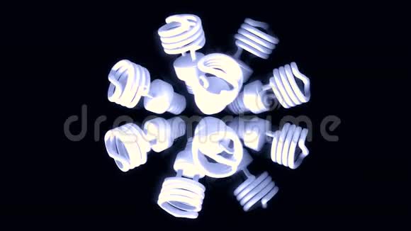 单色3D动画的许多节能灯旋转隔离在黑色背景动画旋转视频的预览图