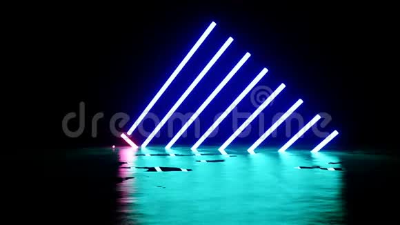 未来派科幻暗湿空房与蓝色和紫色霓虹灯线旋转管视频的预览图